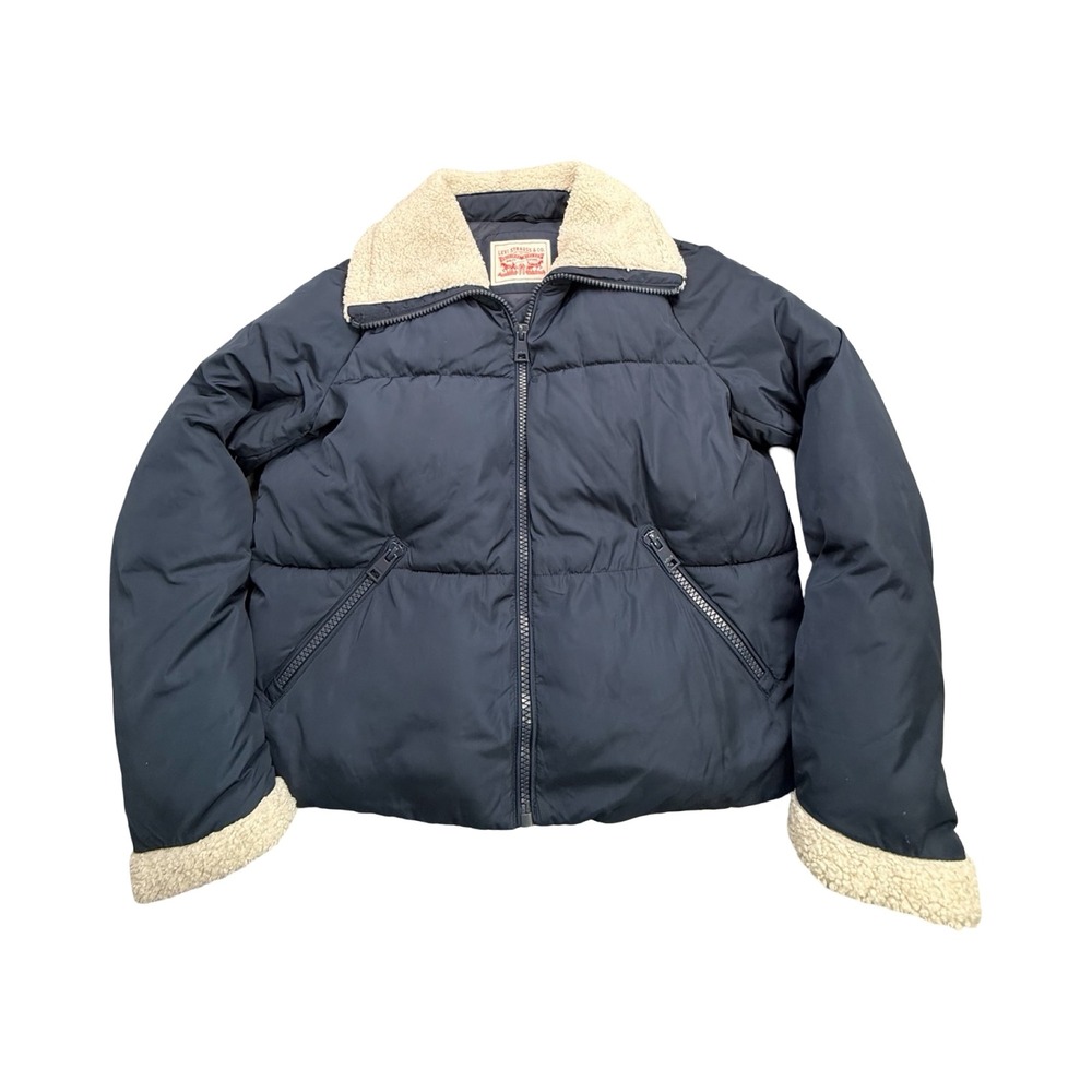 Levis Puffer Jacket Womens M Navy Blue Faux Shearling Trim Nylon Workwear